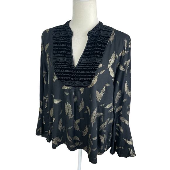 Johnny Was Workshop Feather Velvet Bell Sleeve Top Boho Black Gold Size Medium - Picture 8 of 15